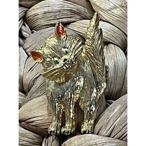 VTG Moving Head Cat Pin Brooch Gold Tone Green Rhinestone Eyes